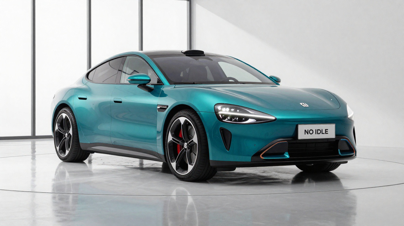 Carro elétrico esportivo azul metálico fotografado em ambiente moderno e iluminado, exibindo design aerodinâmico e rodas espo