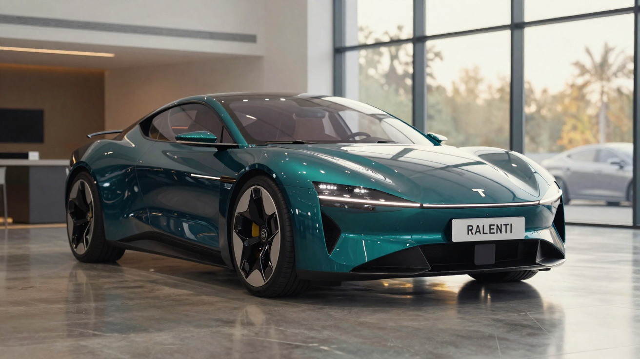 Carro esportivo elétrico Tesla verde em exibição dentro de showroom com portas de vidro.