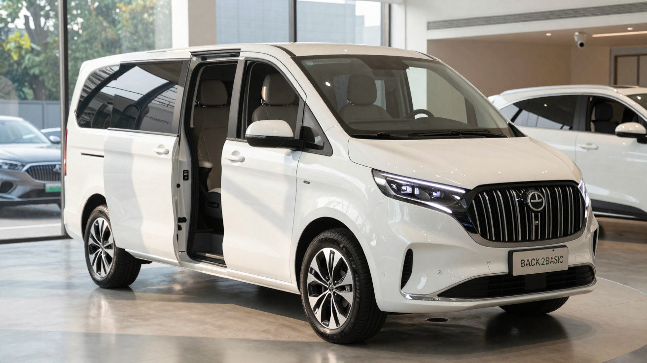 Van branca estacionada em showroom com porta lateral deslizante aberta.