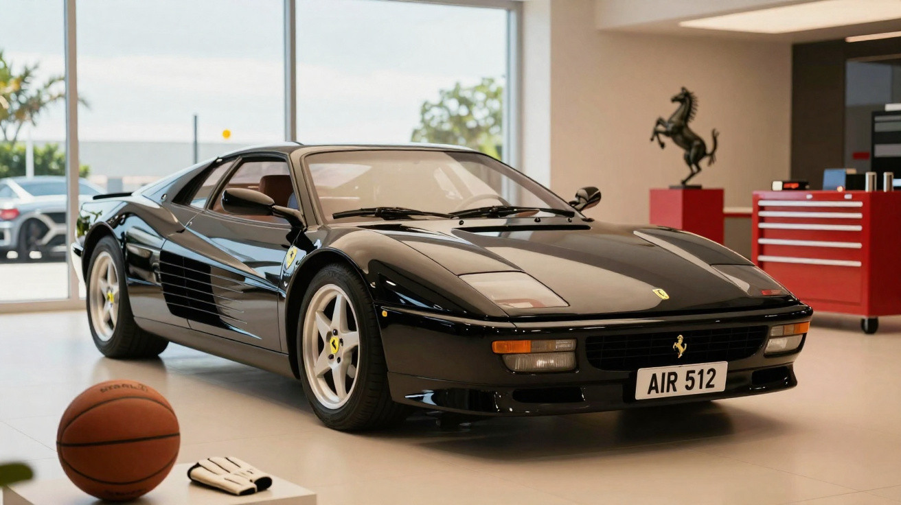 Carro esportivo Ferrari preto em garagem moderna com bola de basquete e luva ao lado.