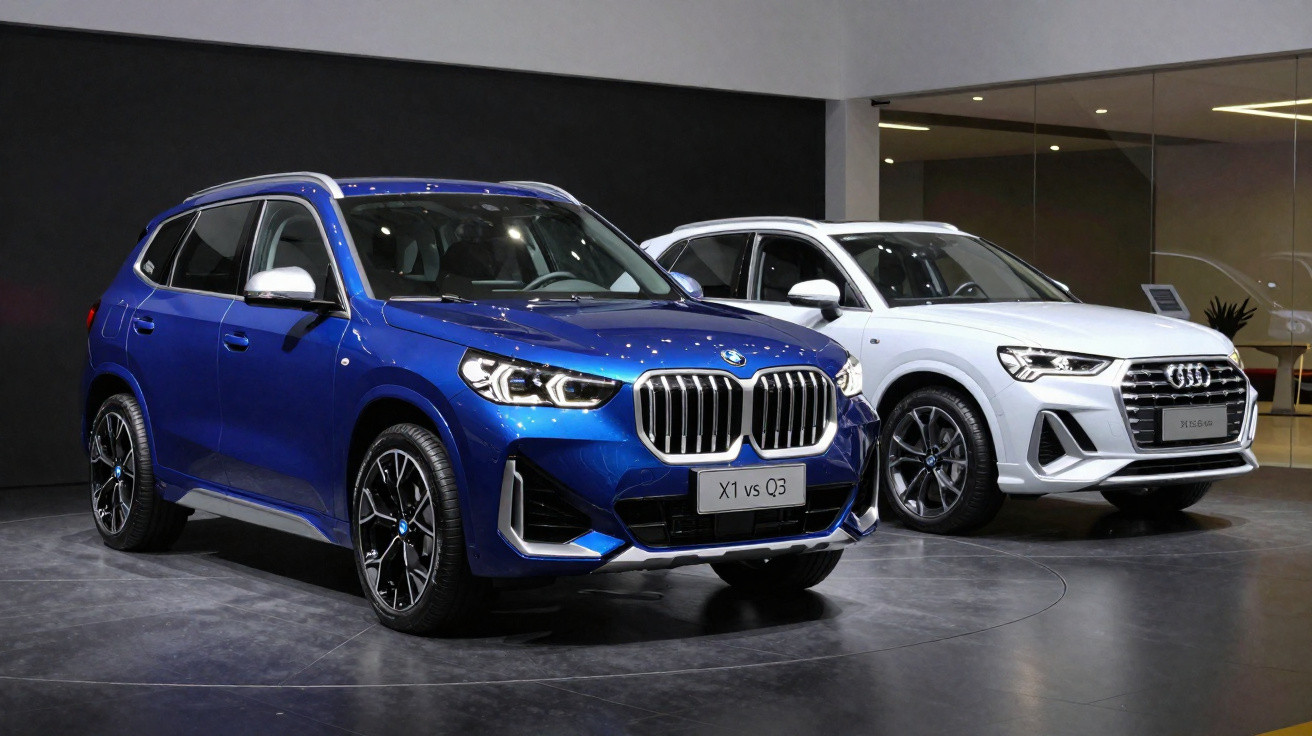 Dois SUVs estacionados em sala de exposição: BMW azul e Audi branco lado a lado.