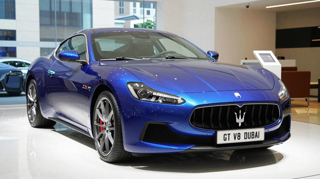 Carro esportivo Maserati azul metálico GT V8 exposto em showroom com interior moderno.