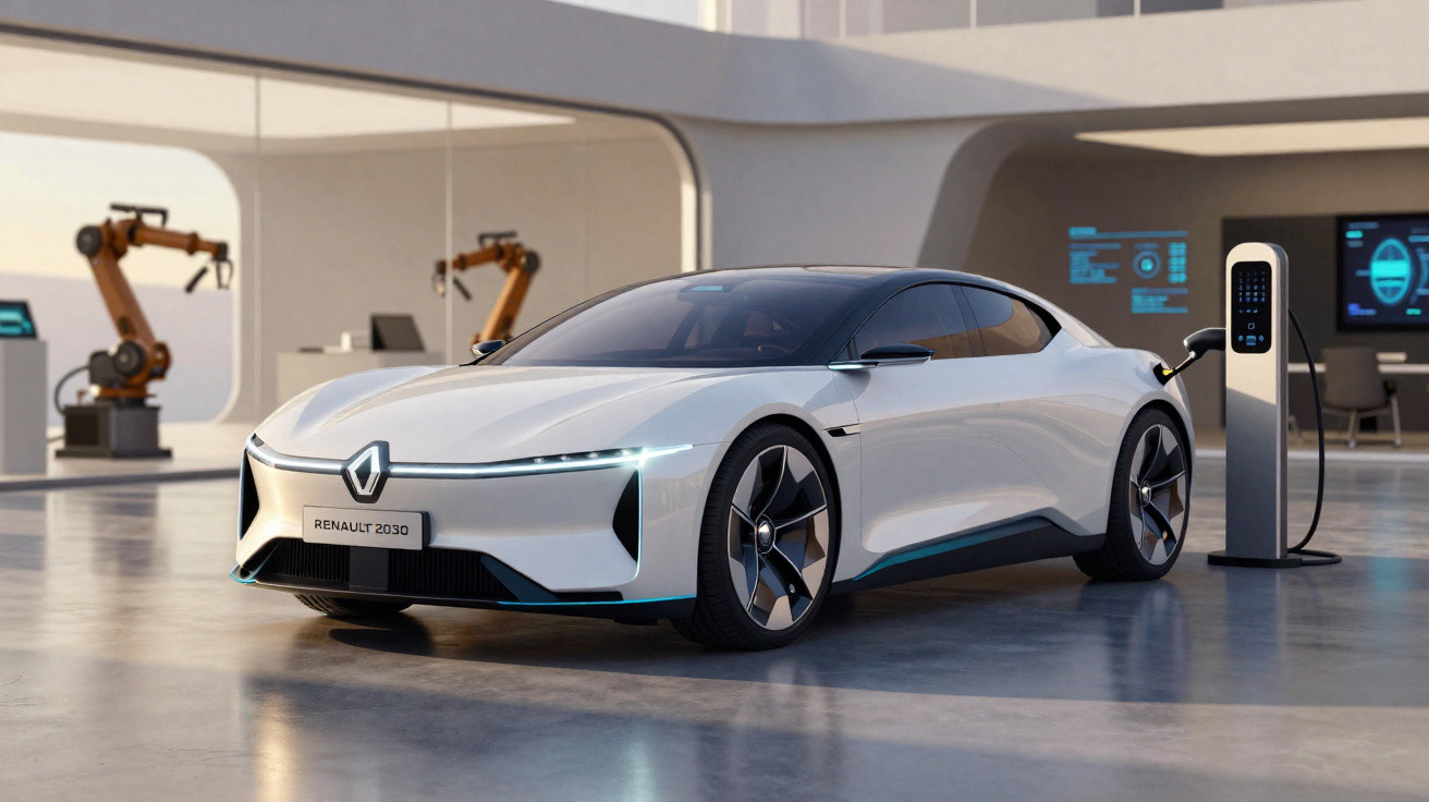 Carro elétrico branco da Renault 2030 sendo carregado em estação de recarga numa garagem moderna.