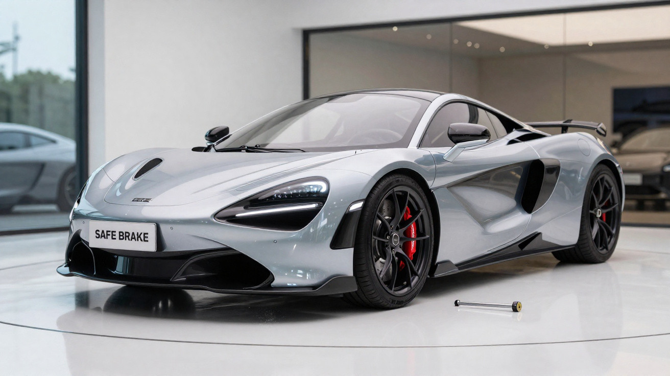 Carro esportivo prata com freios de segurança exposto em showroom moderno e iluminado.