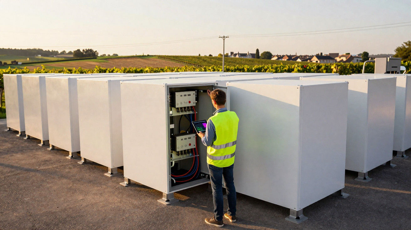 Técnico com colete refletivo inspeciona equipamentos elétricos brancos em área externa com campo ao fundo.