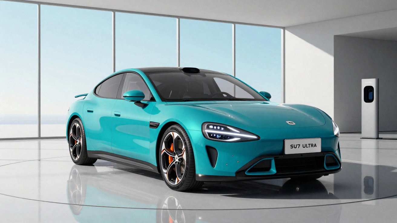 Carro esportivo elétrico azul em showroom moderno com grande janela de vidro e estação de recarga.