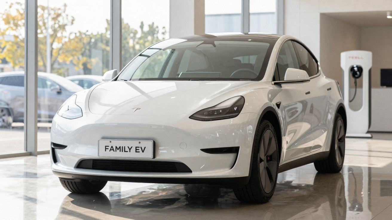 Carro elétrico Tesla branco em showroom com placa "Family EV" e estação de recarga ao fundo.