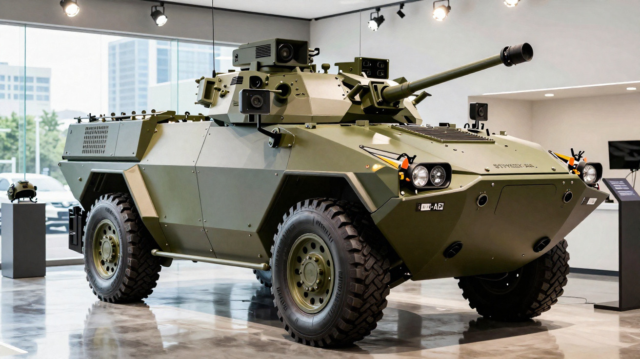 Veículo blindado militar todo-o-terreno verde em exposição interna com grandes rodas e canhão frontal.