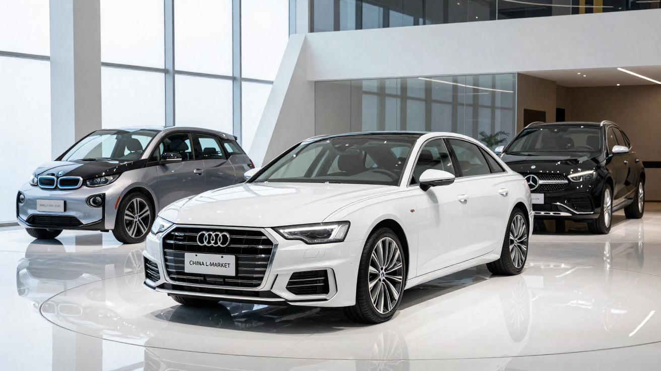 Três carros de luxo em showroom moderno: Audi branco, BMW cinza e Mercedes-Benz preta.
