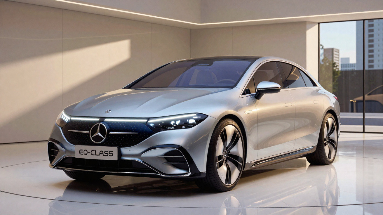 Carro elétrico Mercedes-Benz EQ-Class prata estacionado em ambiente interno iluminado.