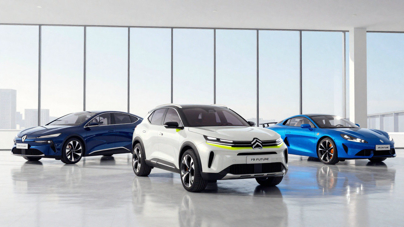 Três carros elétricos modernos em exposição em ambiente interno com grandes janelas e piso refletivo.
