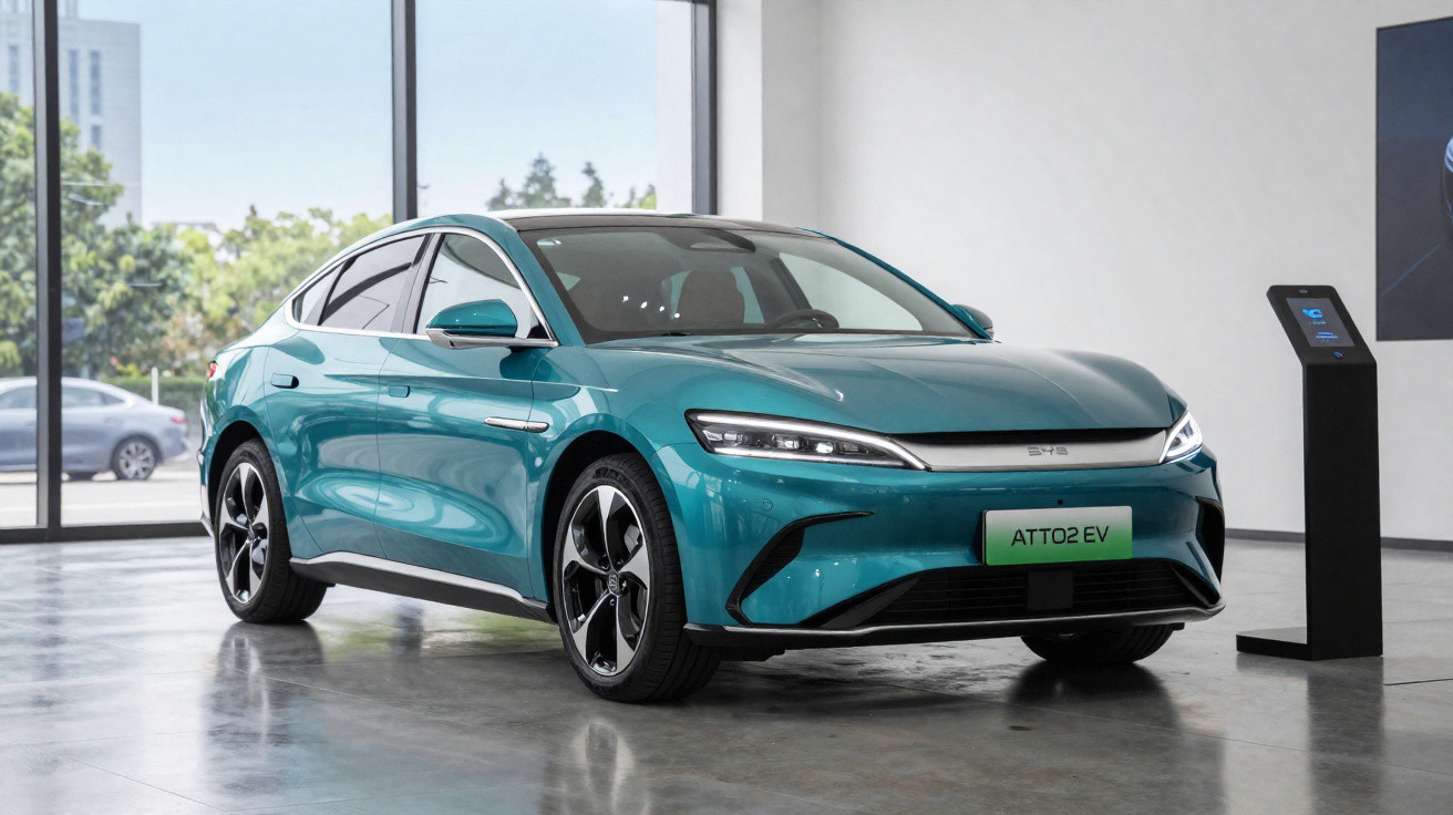 Carro elétrico azul ATTO 2 EV em showroom com piso de concreto e painéis de vidro ao fundo.