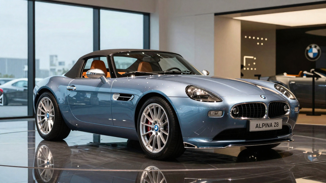 Carro esportivo conversível Alpina Z8 azul exibido em showroom moderno da BMW.