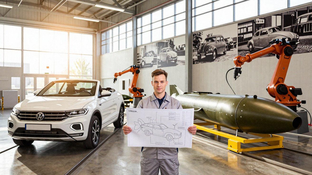 Engenheiro em oficina segura projeto de carro com veículo branco e torpedo grande ao fundo.