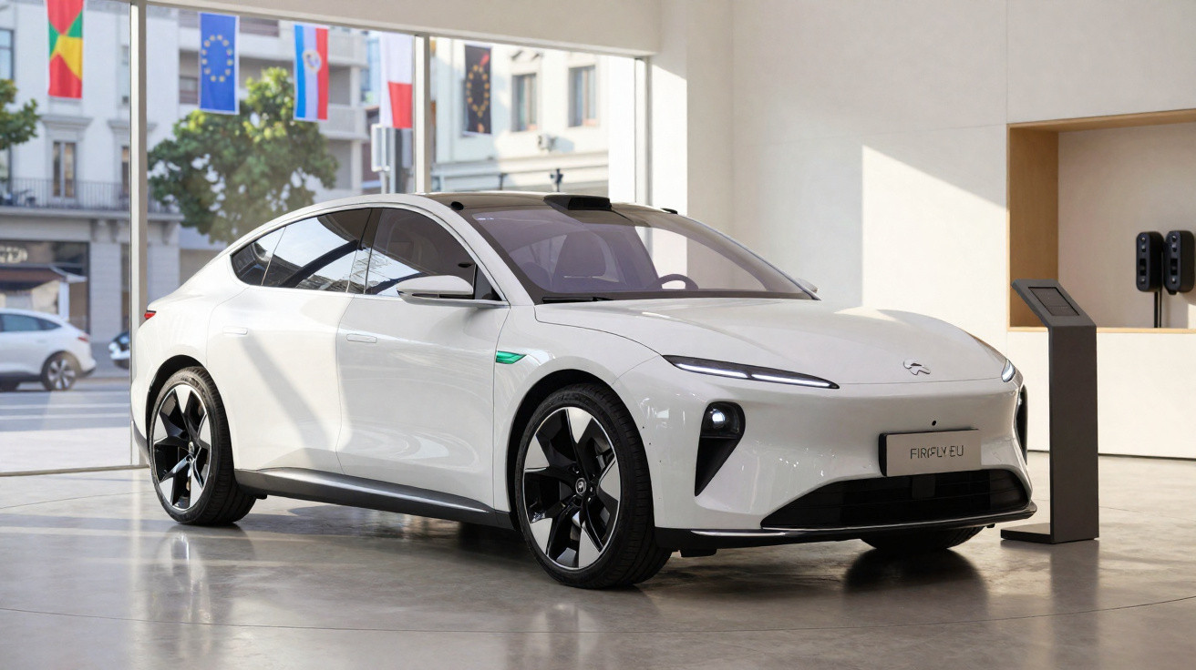 Carro elétrico branco com design moderno exposto em showroom com bandeiras ao fundo.