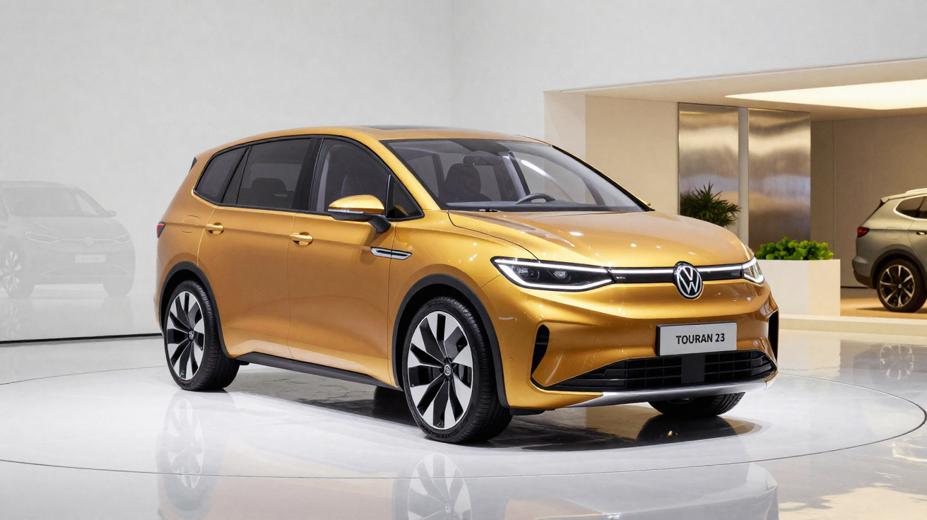 Carro elétrico Volkswagen Touran 23 dourado exibido em salão automotivo branco.