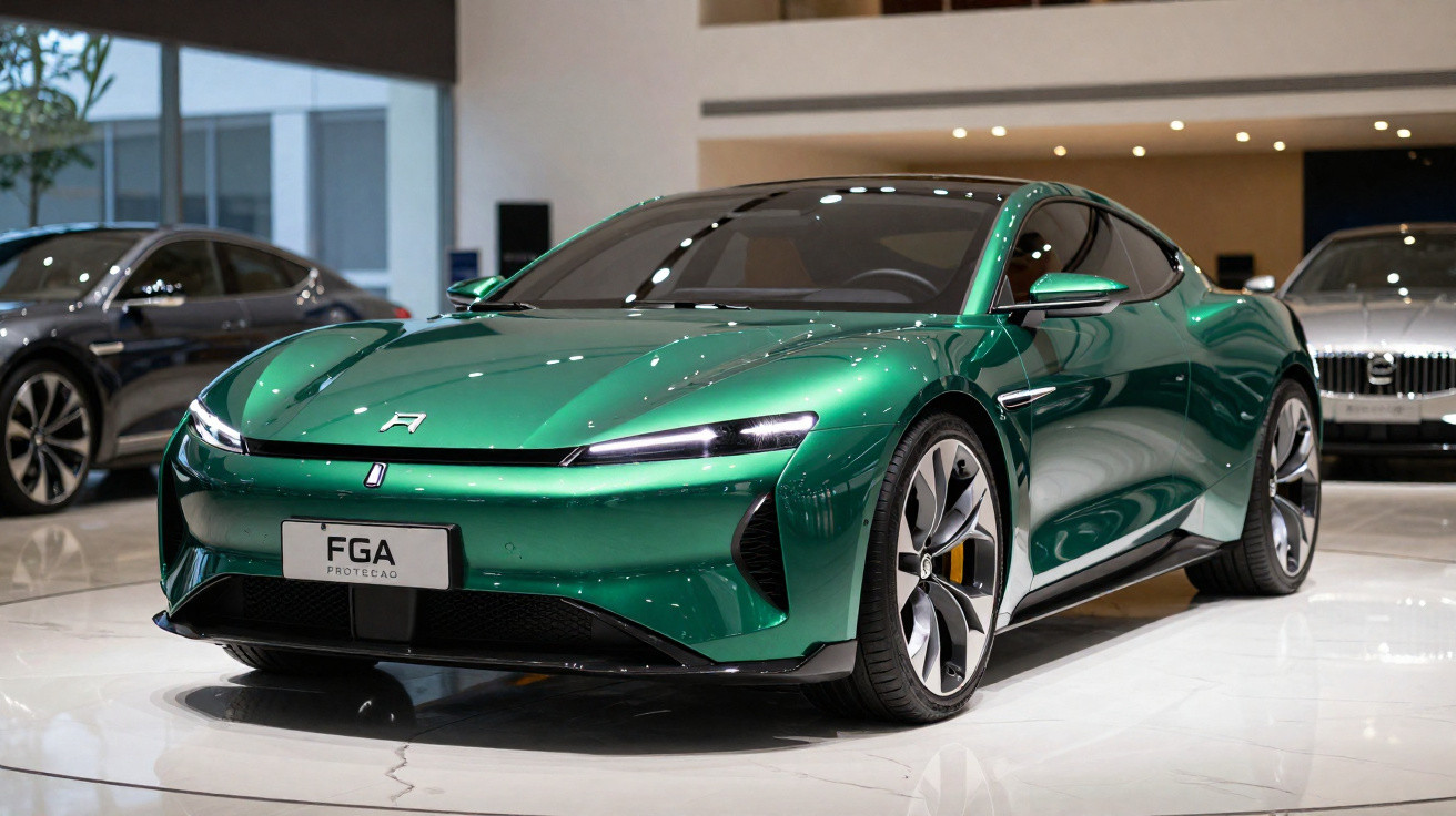 Carro esportivo elétrico verde metálico em exposição dentro de showroom moderno.