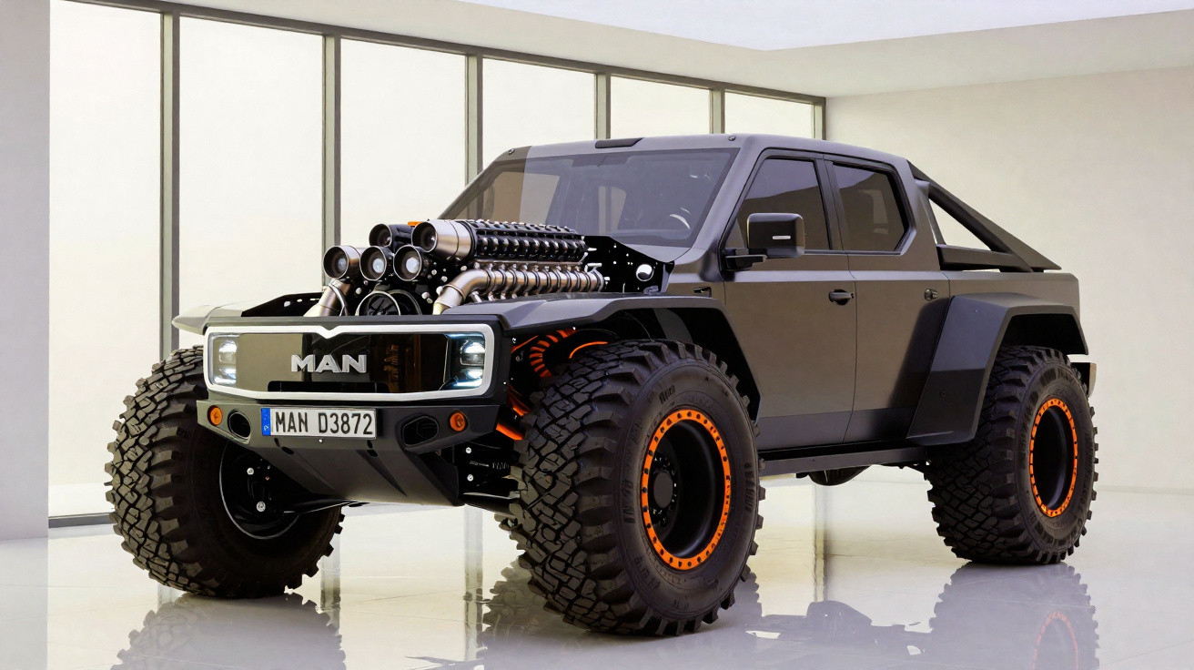 Carro off-road preto com pneus largos, motor exposto e detalhes em laranja em ambiente interno minimalista.