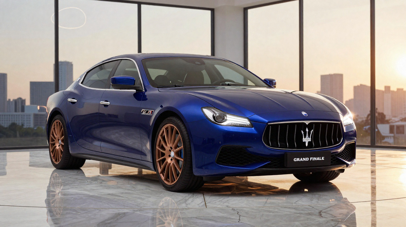 Carro esportivo Maserati azul com rodas douradas exibido em salão com vista para cidade ao pôr do sol.
