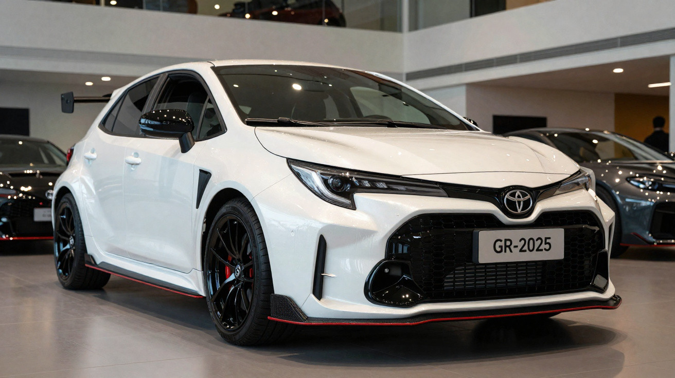 Carro esportivo branco Toyota GR em showroom com rodas pretas e detalhes em vermelho.