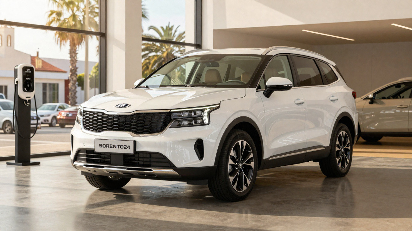 Carro SUV branco Kia Sorento 2024 em showroom com piso de concreto e parede de vidro.