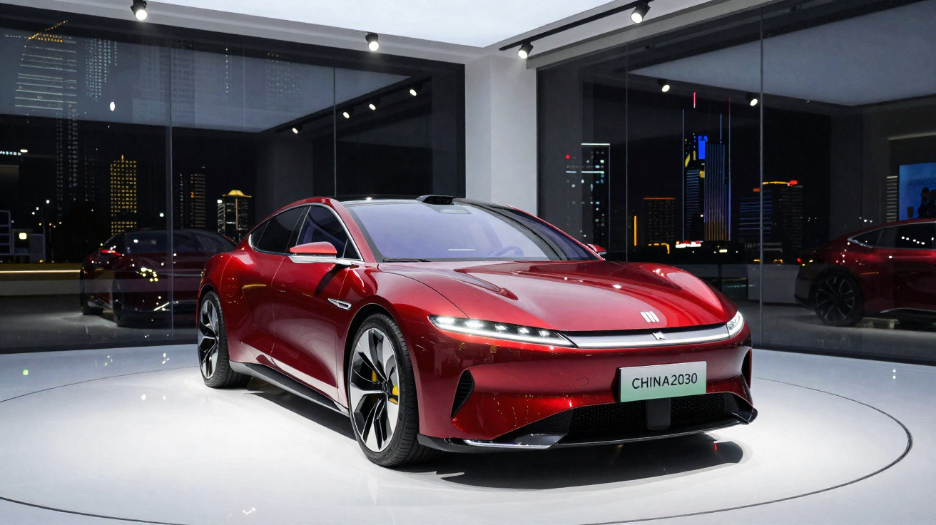 Carro esportivo vermelho elétrico moderno exibido em sala com grandes janelas e vista noturna da cidade.