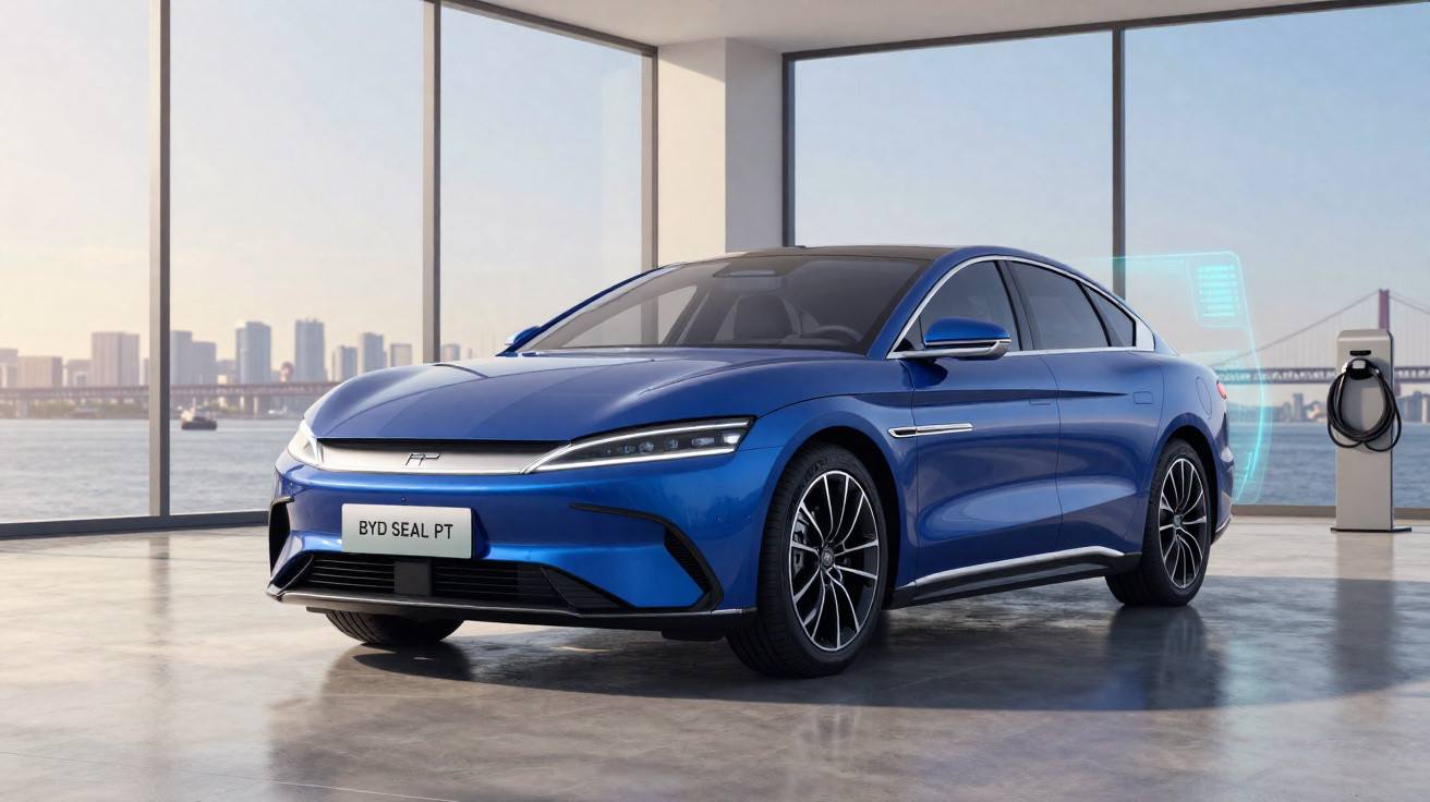 Carro elétrico azul BYD Seal PT estacionado em garagem com vista panorâmica para a cidade e estação de recarga.