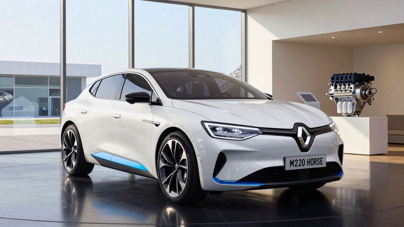 Carro elétrico branco da Renault em exposição dentro de sala moderna com motor exibido ao fundo.