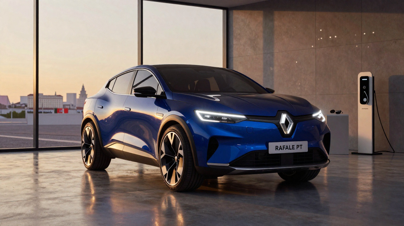 Carro elétrico Renault Rafale azul estacionado em garagem moderna com carregador ao lado.
