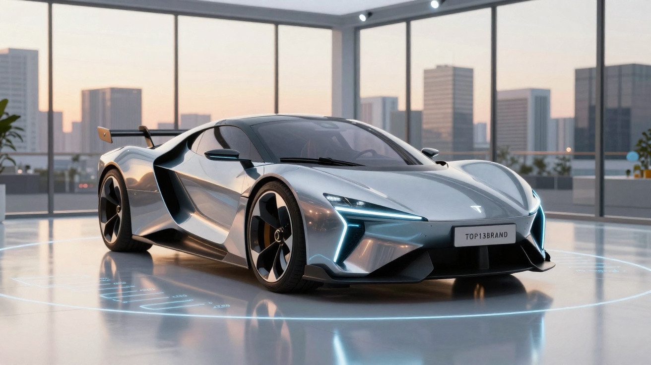 Carro esportivo Tesla prata com design futurista em showroom com janelas grandes e vista urbana ao fundo.