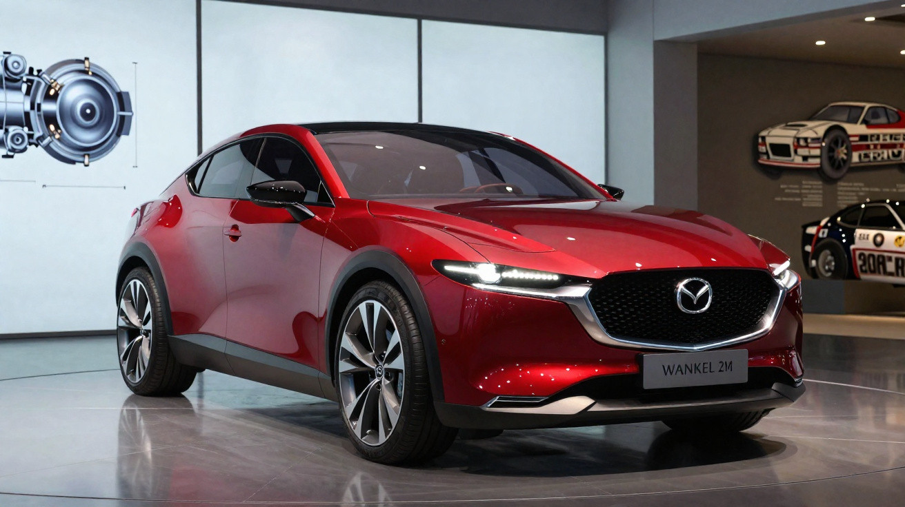 Carro esportivo vermelho Mazda Wankel 2M em exposição em ambiente moderno e iluminado.