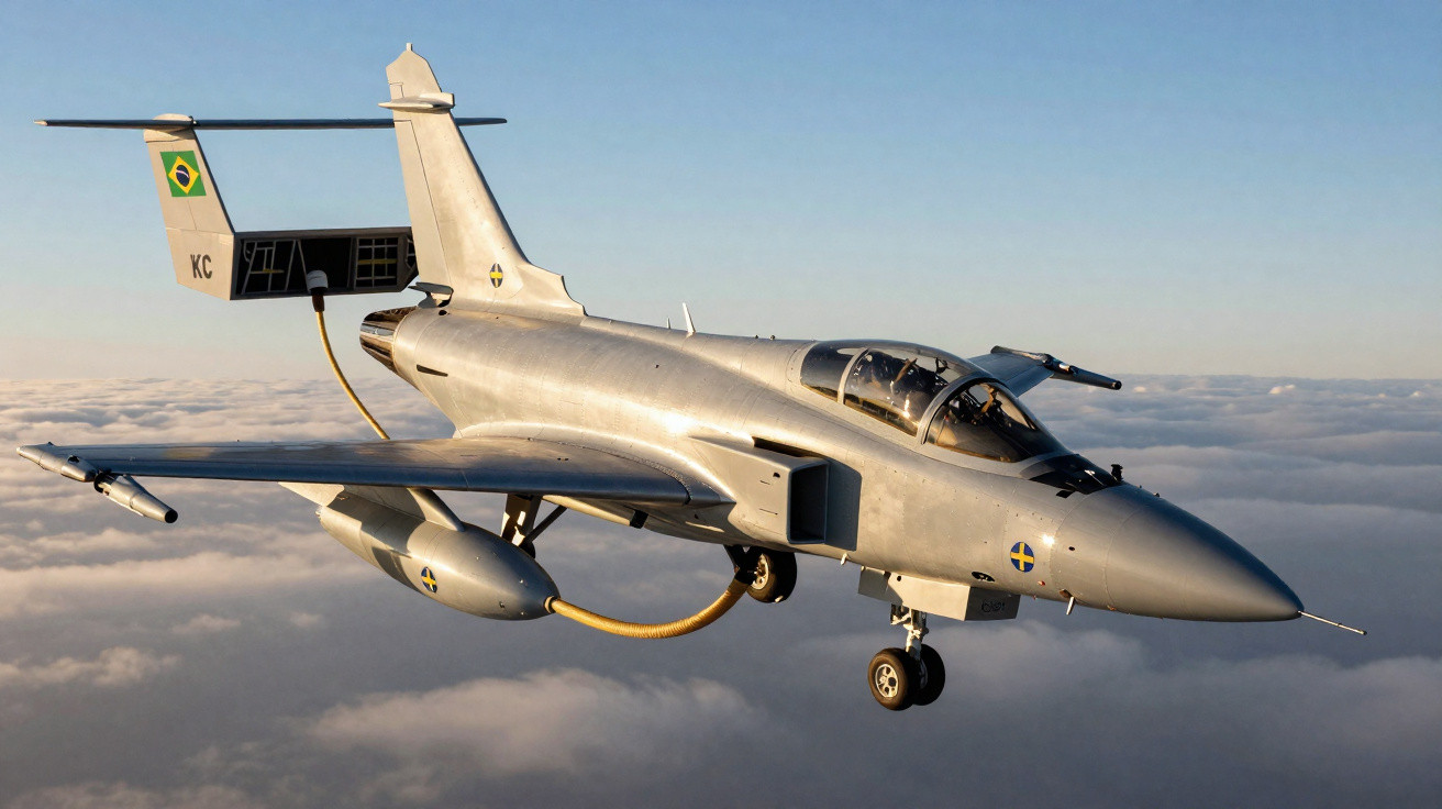 Avião militar de reabastecimento aéreo da Força Aérea Brasileira voando acima das nuvens ao pôr do sol.