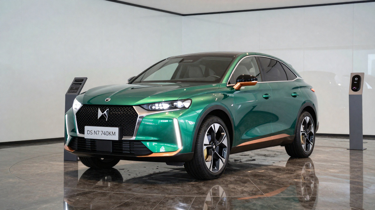 Carro elétrico SUV DS N7 740KM verde com detalhes em cobre em showroom moderno com piso refletivo.