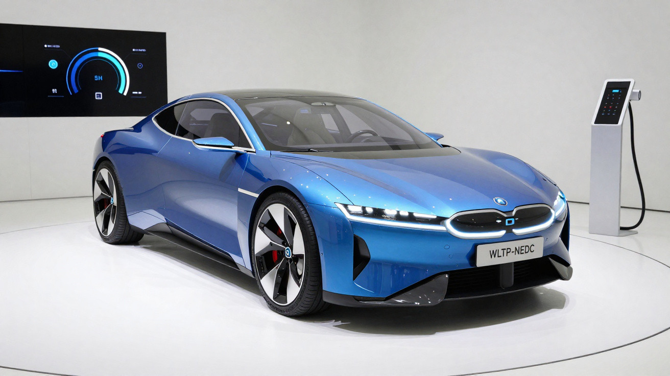 Carro elétrico esportivo azul da BMW em exposição com painel digital e estação de carregamento ao fundo.
