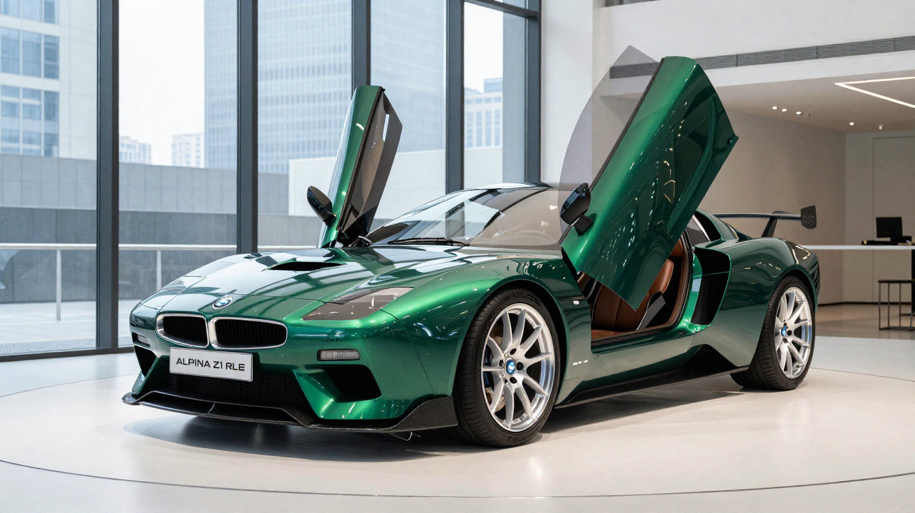 Carro esportivo verde Alpina Z1 RLE com portas abertas para cima em showroom moderno.