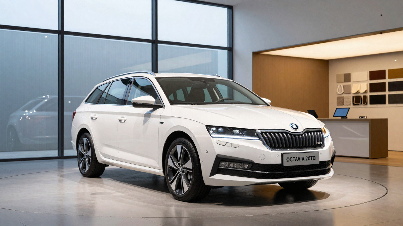 Carro branco Skoda Octavia 20TDI em exposição moderna com grande janela ao fundo.
