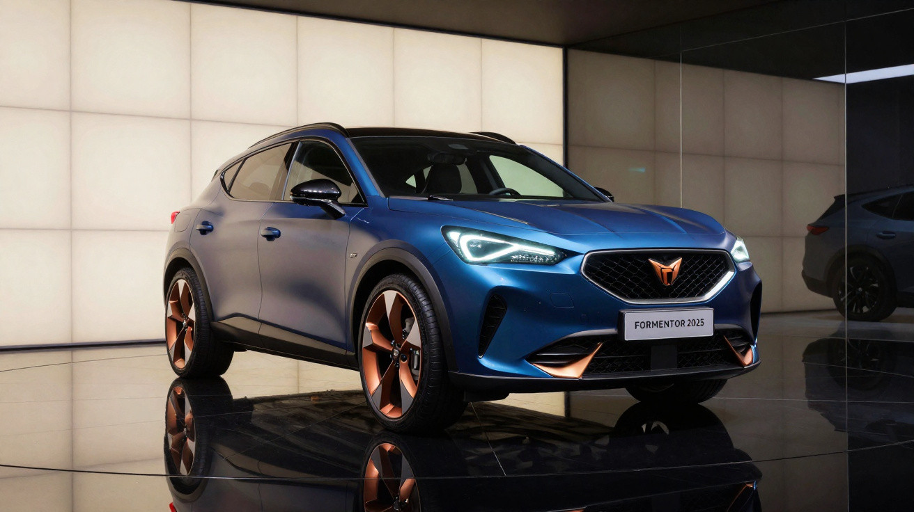 SUV Cupra Formentor 2025 azul com detalhes em bronze em exposição com fundo iluminado branco.