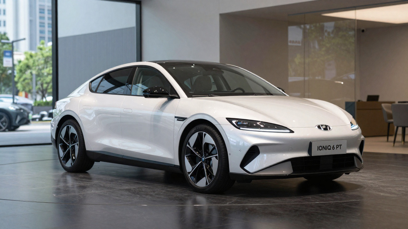 Carro elétrico branco Hyundai Ioniq 6 PT exibido em showroom moderno.
