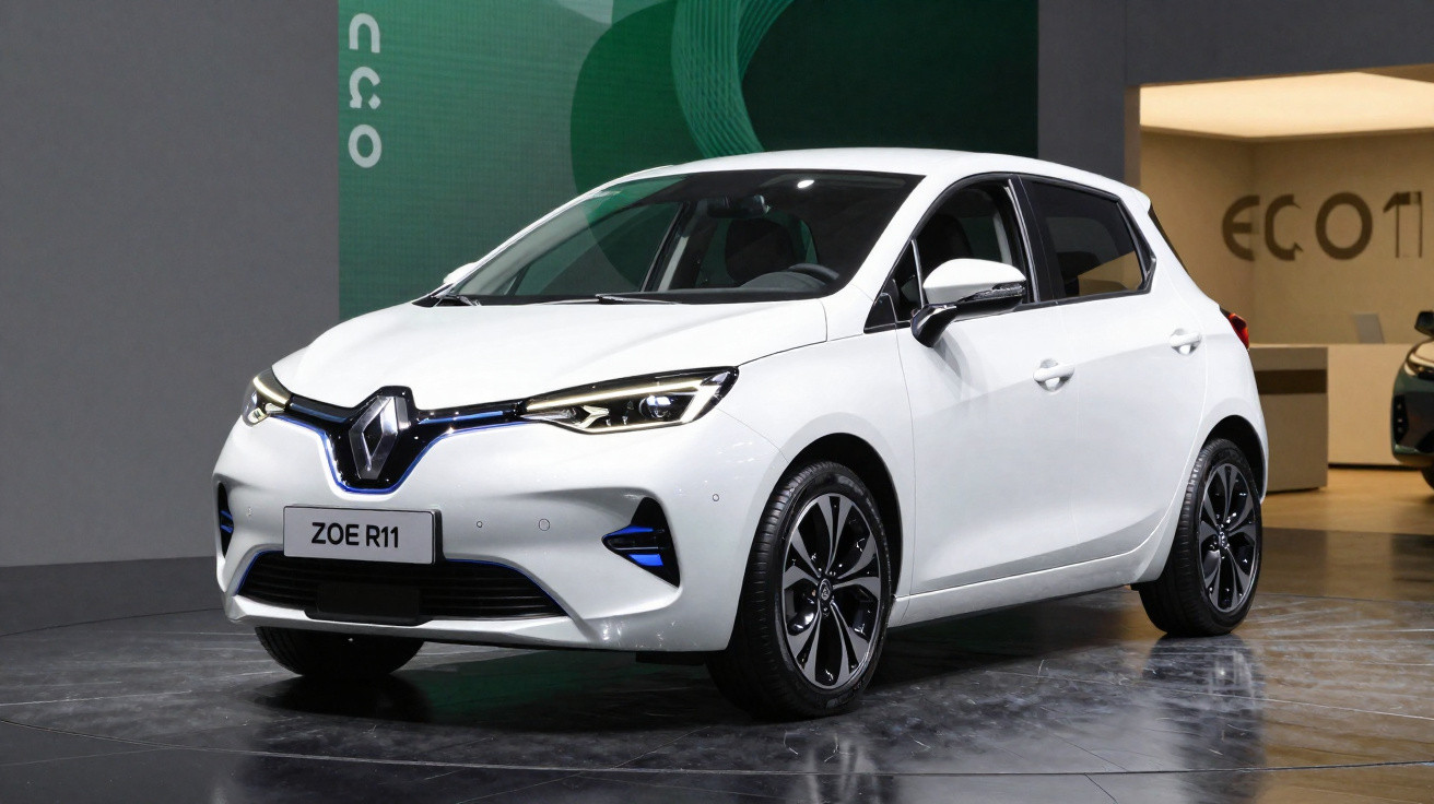 Carro elétrico branco Renault Zoe R1 em exposição, com design moderno e faróis acesos.