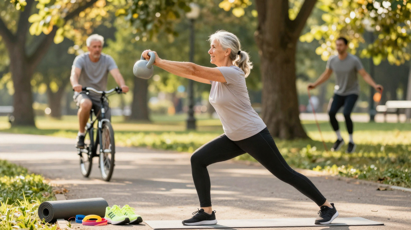 Mulher madura faz exercício com kettlebell em parque enquanto homem pedala e jovem pula corda ao fundo.