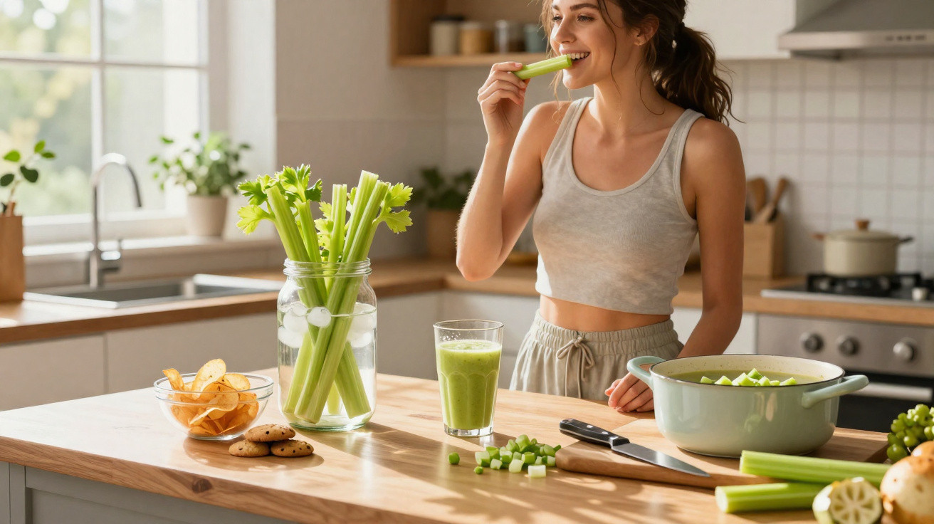 Mulher sorrindo comendo talo de aipo na cozinha, com suco verde e vegetais sobre a bancada.