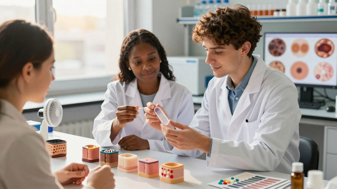 Três estudantes de laboratório analisam uma lâmina de vidro com modelos anatômicos e imagens microscópicas ao fundo.