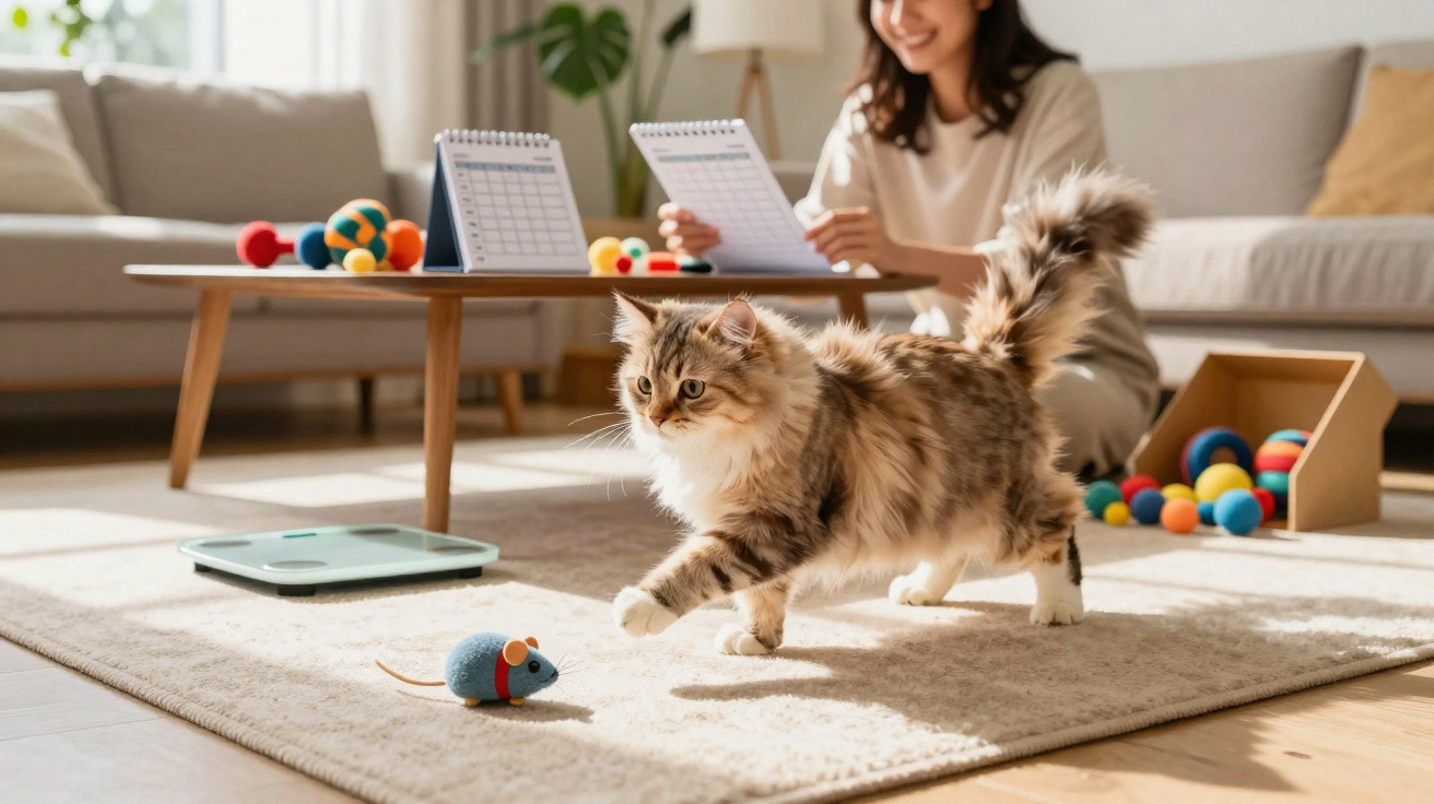 Gato peludo brincando com brinquedo de rato em sala iluminada, com mulher sorrindo ao fundo.