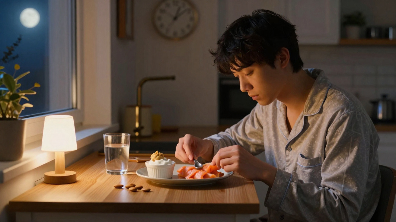 Jovem em pijama sentado à mesa comendo salmão no jantar à noite, luz de abajur e lua cheia na janela.