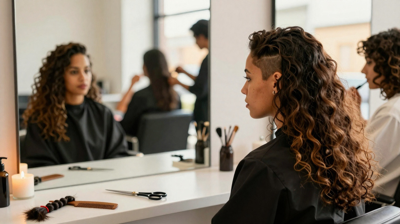 Mulher com cabelo cacheado e lateral raspada sentada em salão de beleza diante de espelho.
