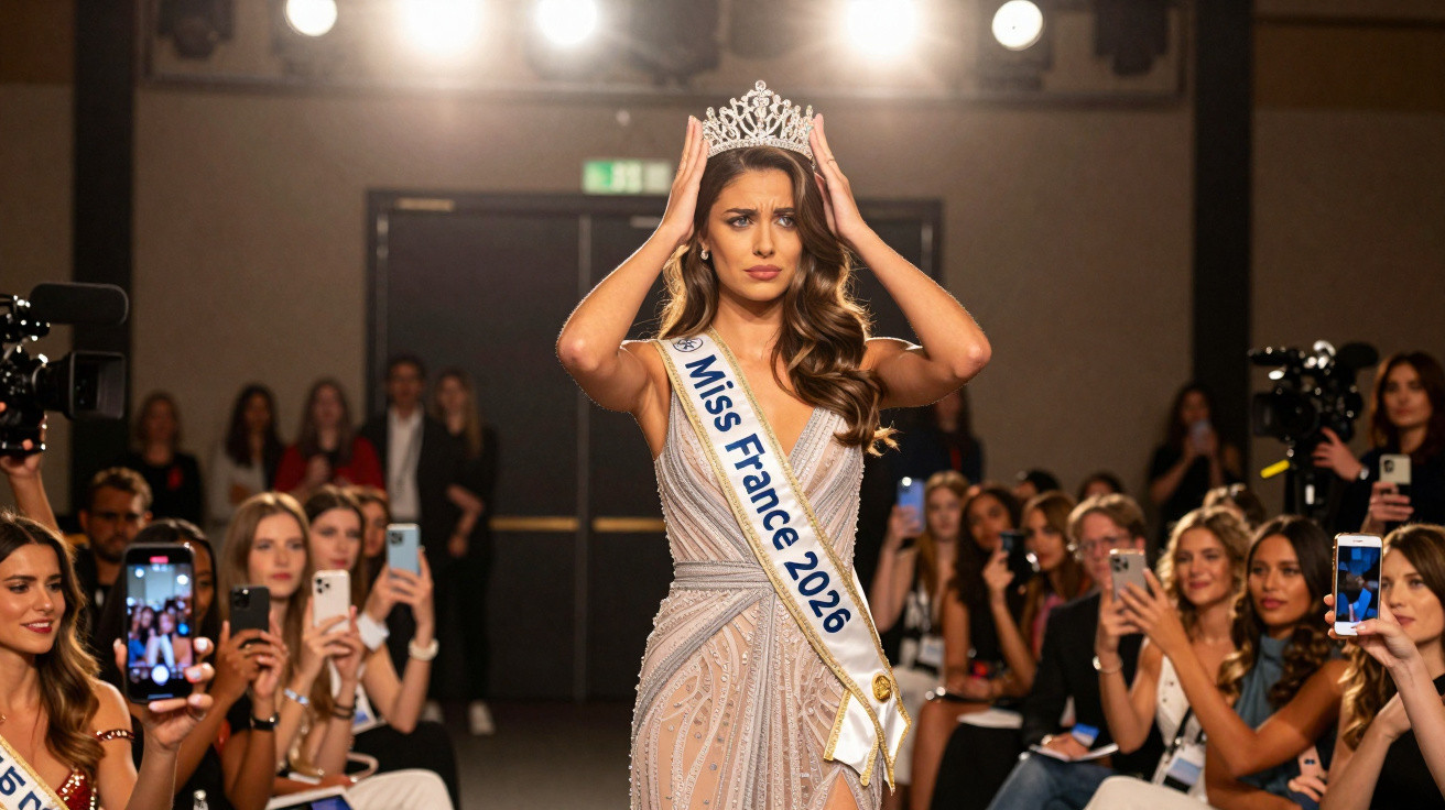 Candidata sendo coroada Miss France 2026 em evento com público tirando fotos ao redor.
