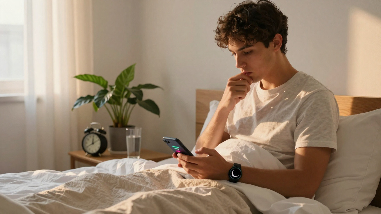 Jovem sentado na cama olhando pensativo para o celular, com relógio de pulso e planta ao fundo.