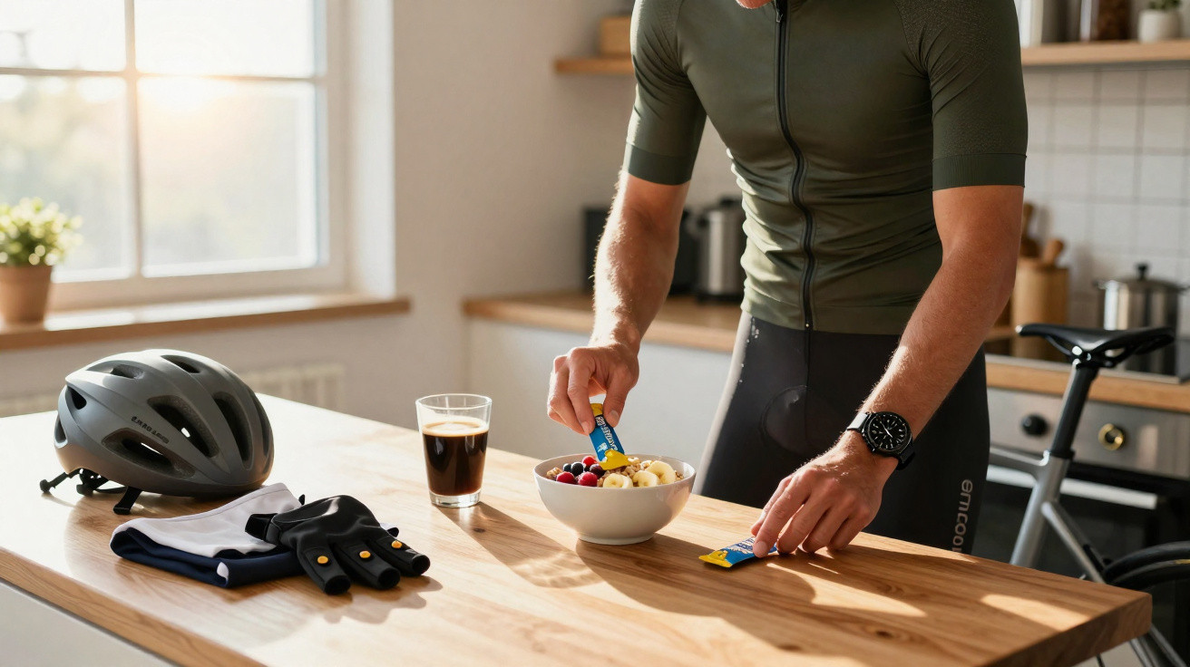 Homem vestido para ciclismo prepara café da manhã com frutas em tigela na cozinha.