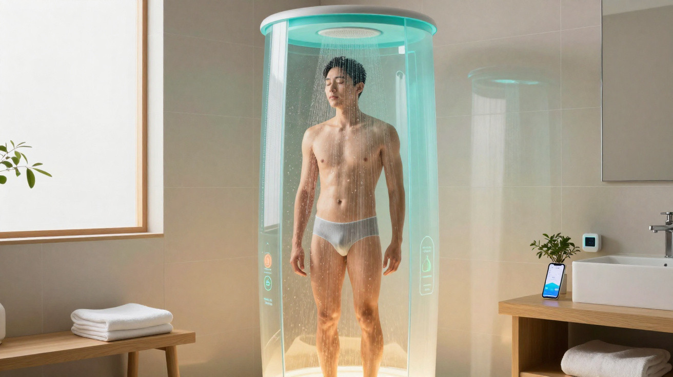 Homem em pé tomando banho em cabine de chuveiro de design moderno e transparente.