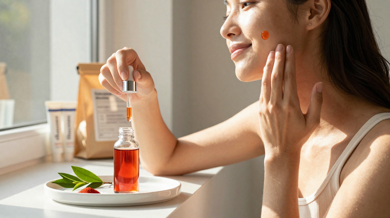 Mulher aplicando sérum facial laranja no rosto com gotas e folhas naturais em uma bandeja branca.